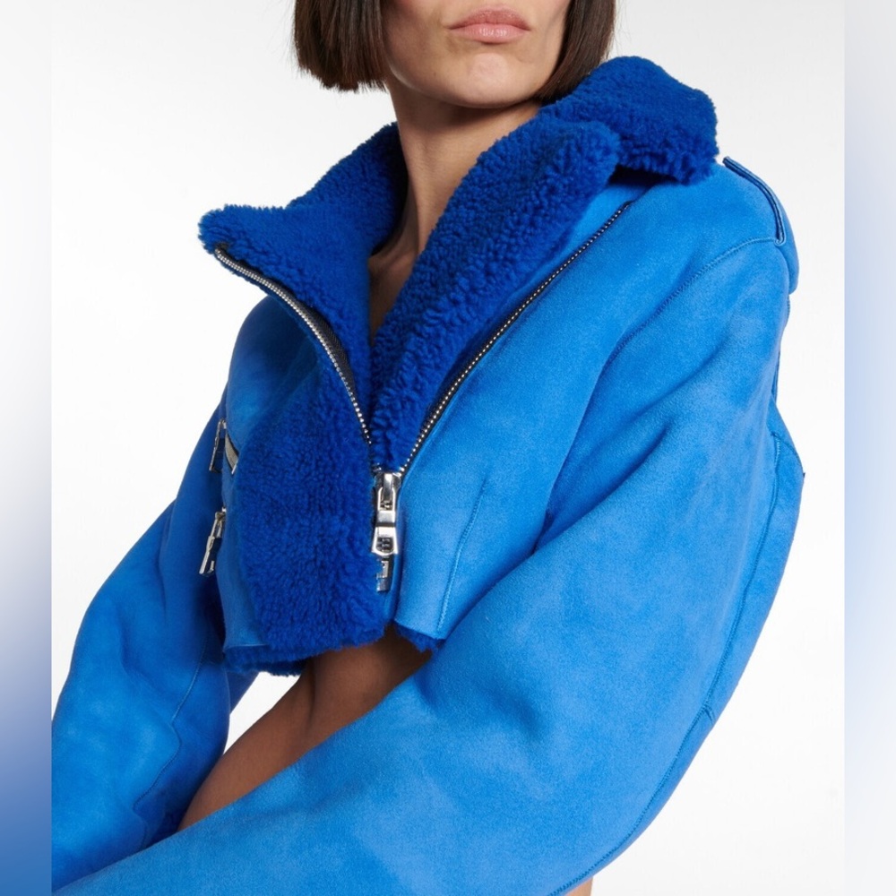 LaQuan Smith Blue Leather Suede Motorcycle Crop Jacket S